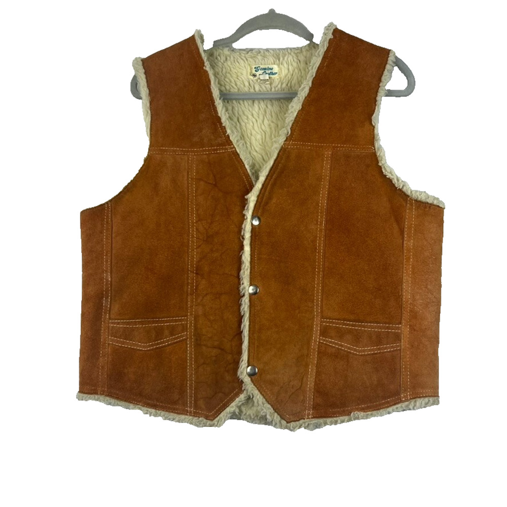 Vintage Genuine Leather Brown Western Vest Men's Size 44 Made In Mexico